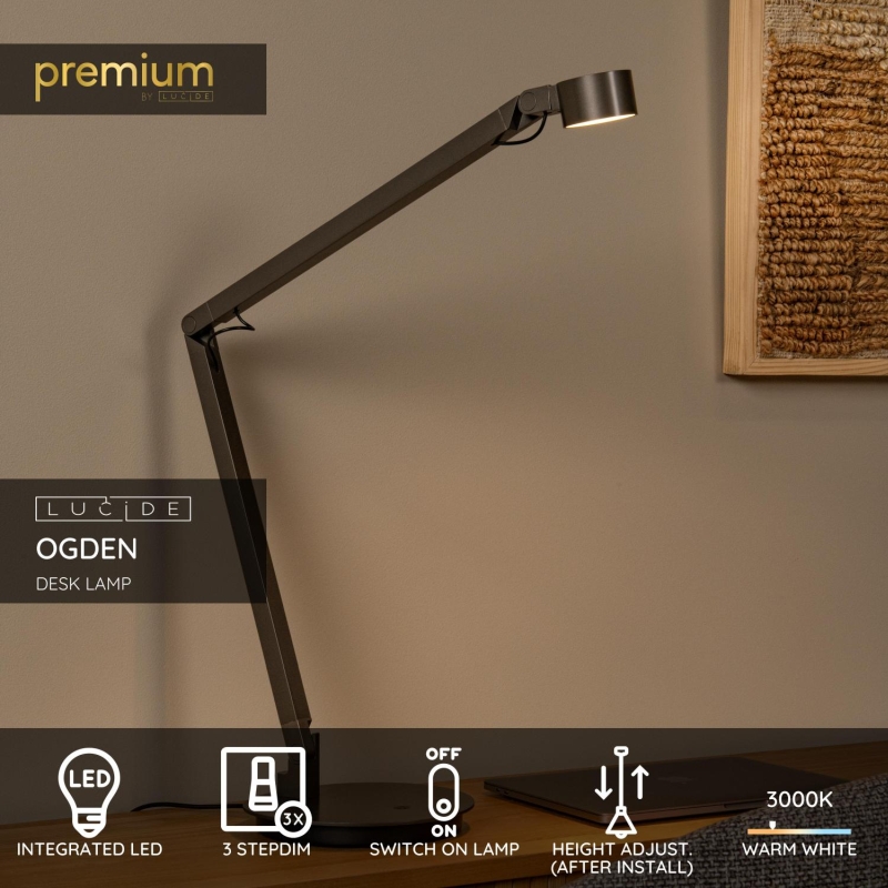 Lucide Premium OGDEN - Desk lamp- LED 3 StepDim - 1x7W 3000K - Grey iron